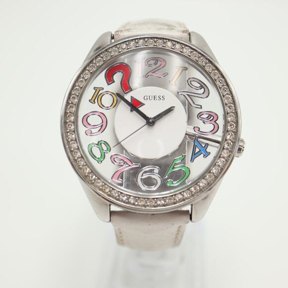 Guess Clear Dial Multicolor Numbers 45mm Watch White Leather with New Battery - Picture 4 of 16